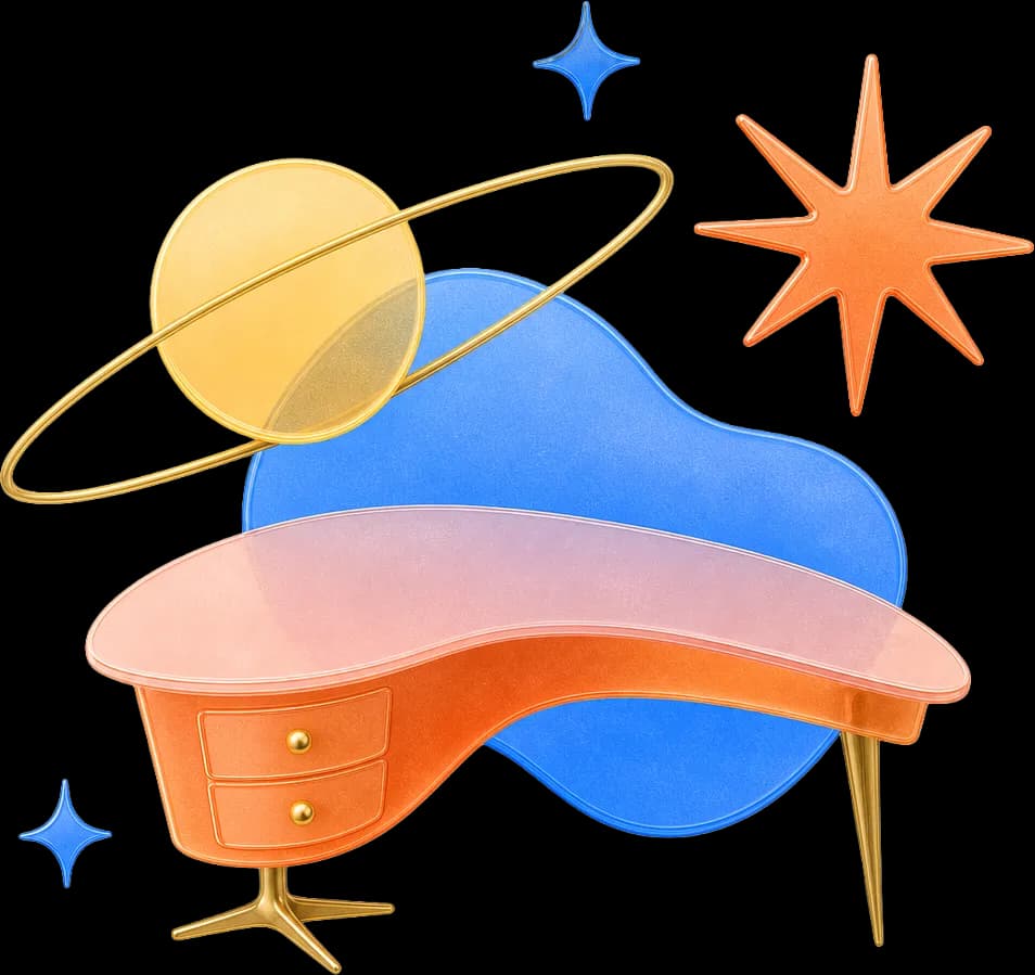 Illustration of a retro-futurist desk where a new job is set up