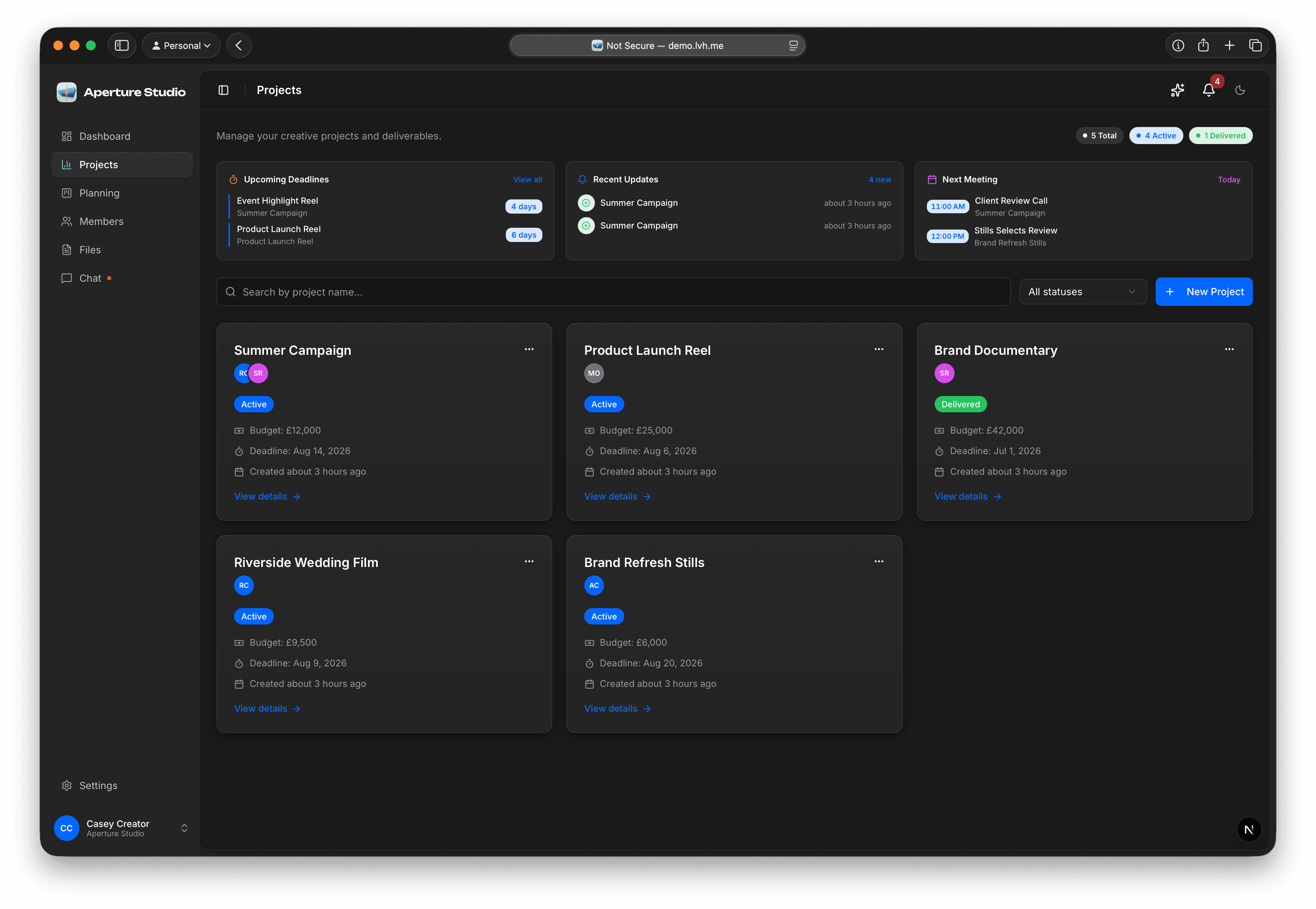 The Studioscope project list, showing live client projects with their status and next deadline.
