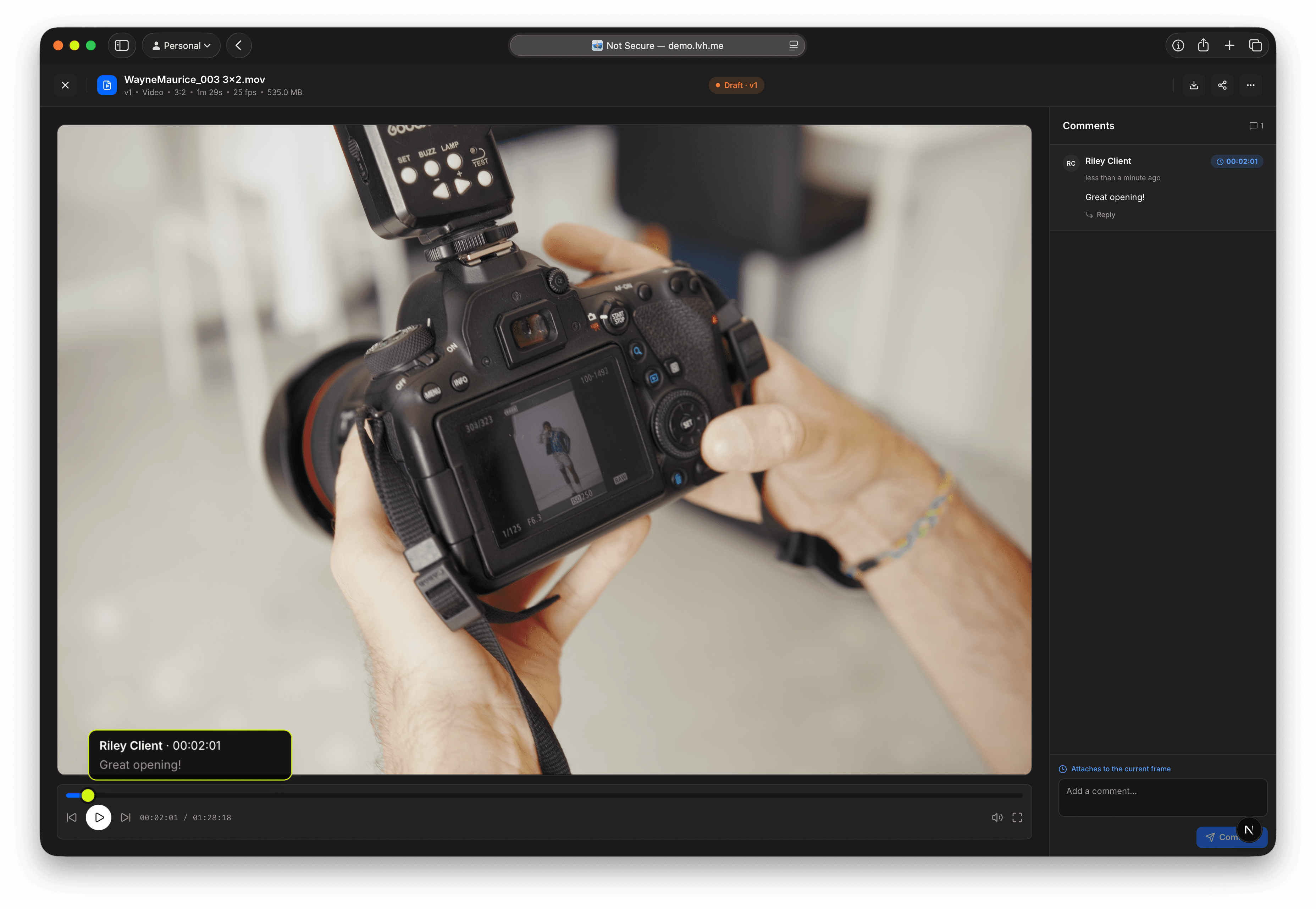 A client reviewing a set of images in Studioscope, leaving a note against a specific version.