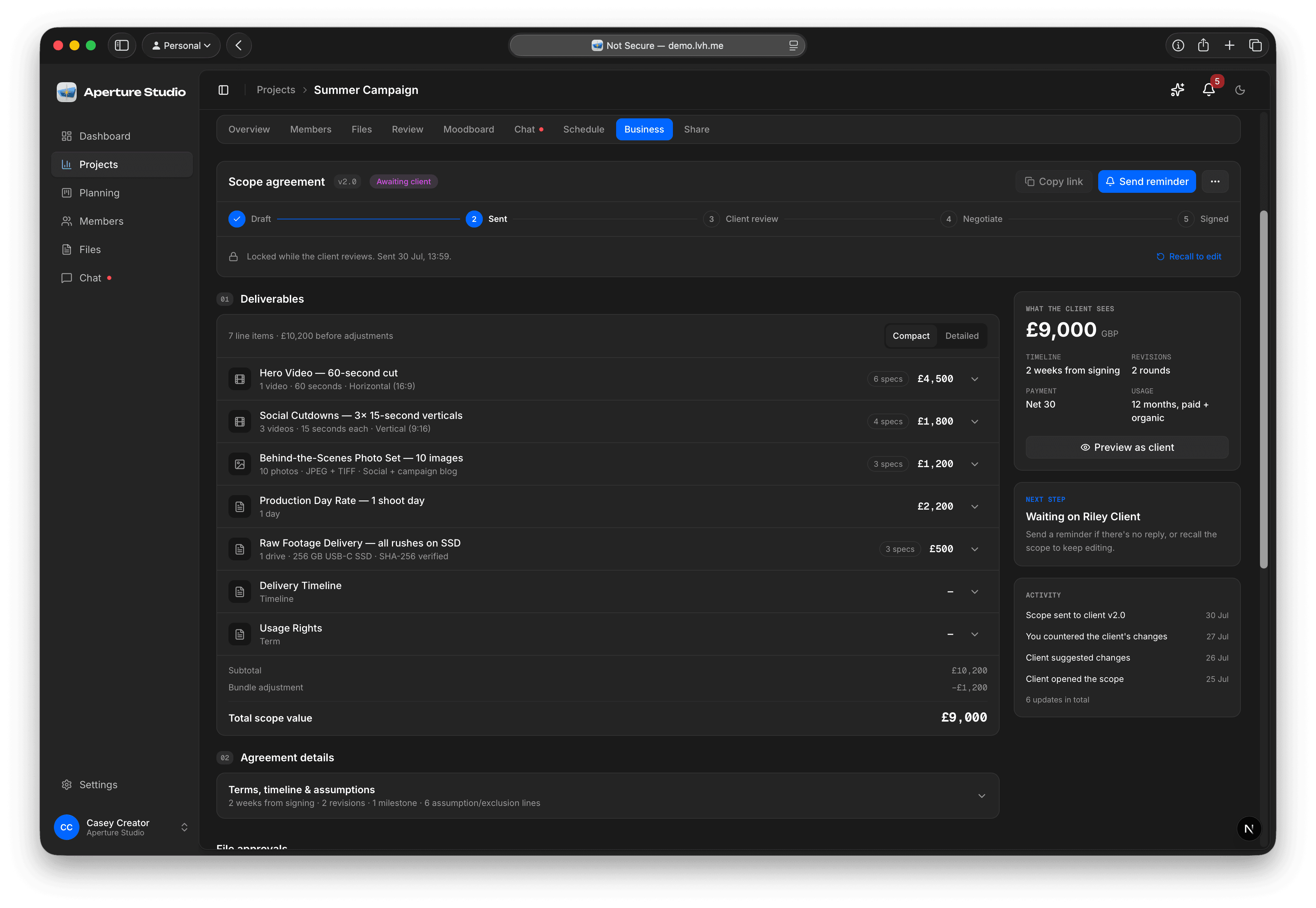 Building a client scope in Studioscope: line items, quantities and a running total.